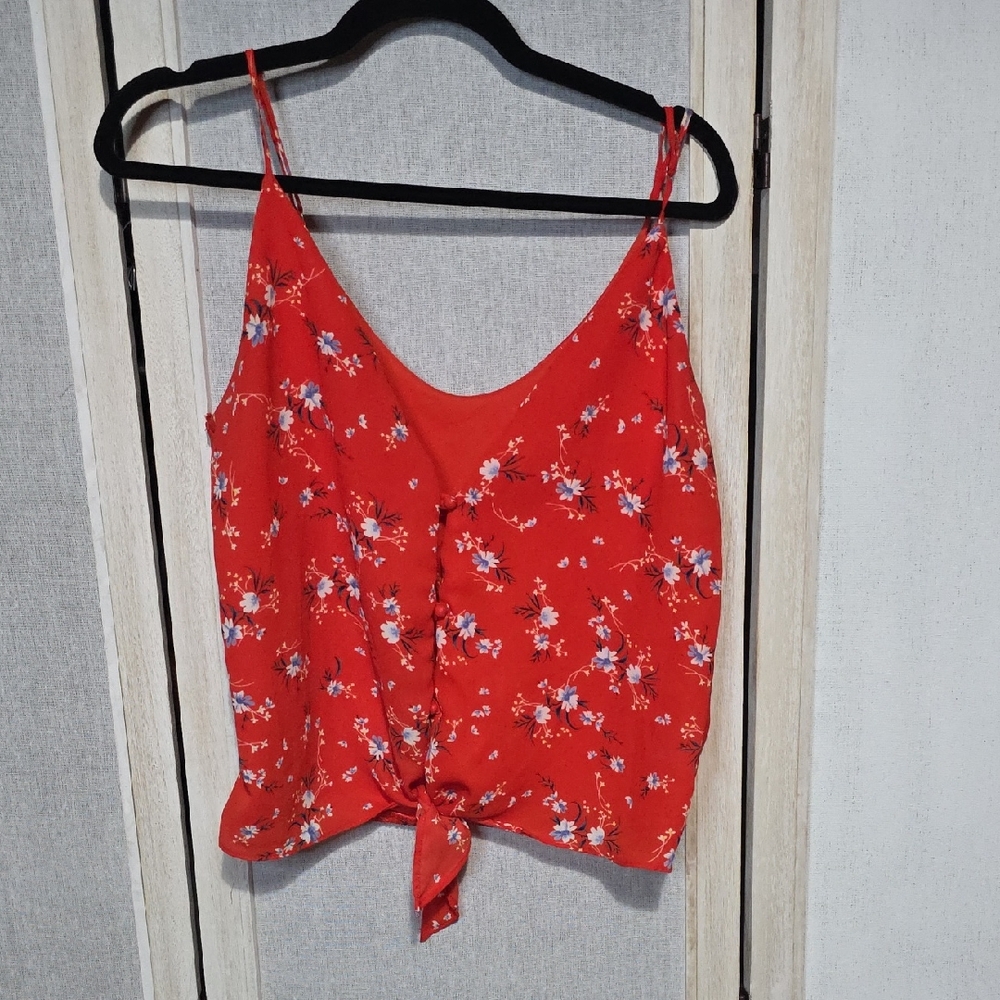 Sienna‎ Sky Red Floral Tie Front Crop Top Button Detail Adjustable Straps Medium